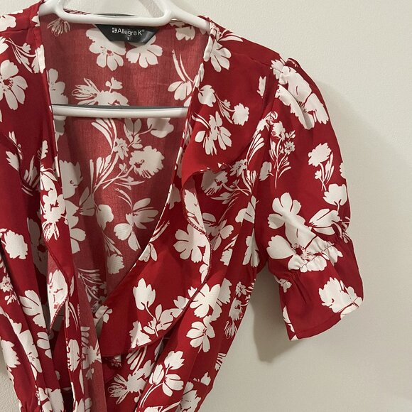 Allegra K Women's Tropical Print Blouse, Small, Red and White Patterned - Picture 8 of 10